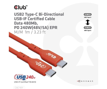 Club3D kabel USB-C, Oboustranný USB-IF Certifikovaný data kabel, PD 240W(48V/5A) EPR M/M 1m