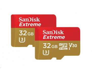 SanDisk MicroSDHC karta 32GB Extreme (100MB/s, A1 C10 V30 UHS-I U3, pro akční kamery) + adaptér, Twin Pack