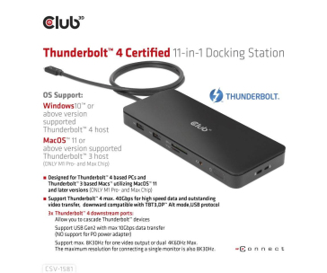 Club3D Dokovací stanice Thunderbolt 4 certifikovaný 11v1, 3xUSB-C, 3xUSB-A, PD