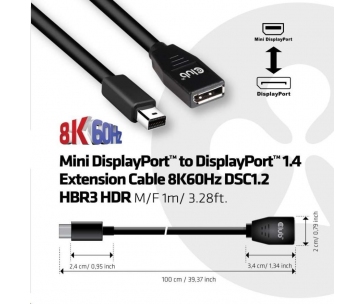 Club3D Prodlužovací kabel Mini DisplayPort 1.4 na DisplayPort 8K 60Hz DSC 1.2 HBR3 HDR Bidirectional (M/F), 1m