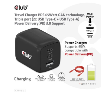 Club3D cestovní nabíječka 65W GAN technologie, 3 porty (2xUSB-C + USB-A), PPS, Power Delivery(PD) 3.0 Support