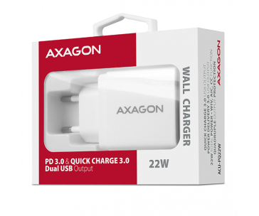 AXAGON ACU-PQ22W, PD & QC nabíječka do sítě 22W, 2x port (USB-A + USB-C), PD3.0/QC3.0/AFC/FCP/Apple, bílá