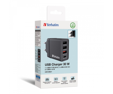 VERBATIM Univerzální adaptér CHR-30EU2, 30W, 1x USB-C, 3x USB černá