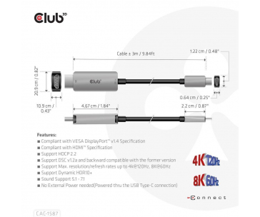 Club3D kabel USB-C na HDMI, 4K120Hz 8K60Hz HDR10 s DSC1.2, Aktivní kabel, M/M, 3m