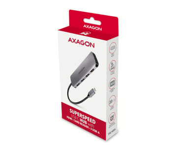 AXAGON HMC-HCR3A, USB 3.2 Gen 1 hub, porty 3x USB-A, HDMI 4k/30Hz, SD/microSD, kabel USB-C 20cm