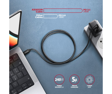 AXAGON BUCM2-CM25AB, CHARGE kabel USB-C <-> USB-C, 2.5m, Hi-Speed USB, PD 240W 5A, ALU, oplet, černý