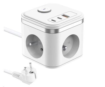 Viking síťový adaptér YC33, 3x 230 V, 1x USB-A, 2x USB-C, tlačítko ON/OFF, délka 1,4 m, bílá