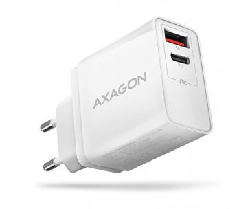 AXAGON ACU-PQ22W, PD & QC nabíječka do sítě 22W, 2x port (USB-A + USB-C), PD3.0/QC3.0/AFC/FCP/Apple, bílá