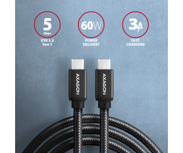 AXAGON BUCM3-CM20AB, SPEED kabel USB-C <-> USB-C, 2m, USB 3.2 Gen 1, PD 60W 3A, ALU, oplet, černý