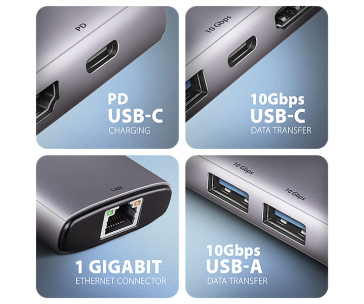 AXAGON HMC-6G2L, USB 10Gb/s hub, 2x USB-A, 1x USB-C, HDMI 4k/60, RJ-45, PD 100W, kabel USB-C 15cm