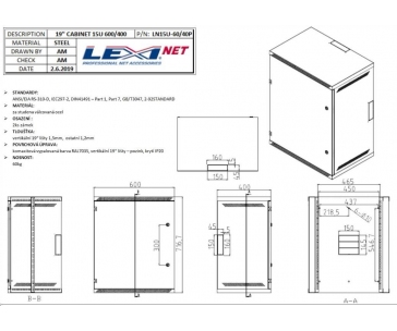 LEXI-Net 19" nástěnný rozvaděč 9U 600x400, nosnost 60 kg, plné dveře, svařovaný, šedý