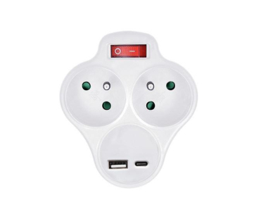 Solight rozbočka s USB A+C rychlonabíječkou 20W PD, 2 x 10A, bílá, vypínač