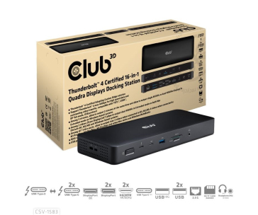 Club3D Dokovací stanice 16v1 Quadra (4) ThunderBolt 4, 2xTB, 3xDP, 2xHDMI, 3xUSB, RJ45, SD-TF Karta, 1xUSB-C, 150W PD