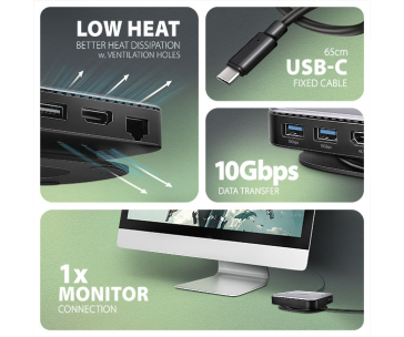 AXAGON HMC-UFO, USB 10Gbps hub, 2x USB-A, USB-C, HDMI 4k/60, RJ-45, M.2 slot, SD/mSD, audio, PD 100W, kabel USB-C 65cm