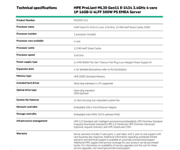 HPE PL ML30g11 E-2434 (3.4G/4C8T) 16G (P64336) 4LFF-HP VROC 800W NBD311