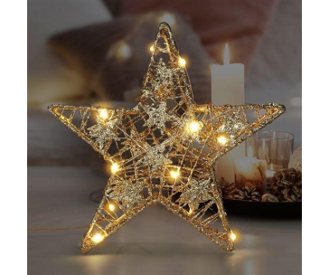 Solight vánoční hvězda glitter, zlatá, kovová, 14x LED, 2x AA