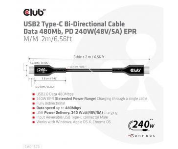 Club3D kabel USB-C, Oboustranný USB-IF Certifikovaný data kabel, Data 480Mb,PD 240W(48V/5A) EPR M/M 2m