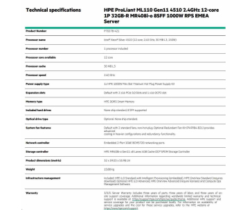 HPE PL ML110g11 4510 (2.4G/12C) 1x32G (P64706) MR408i-o 8SFF 1000W (P03178-B21) 2x1G NBD333