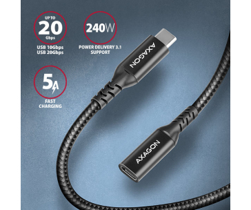 AXAGON BUCM32-CF05AB prodlužovací kabel USB-C (M) <-> USB-C (F), 0.5m, USB 20Gbps, PD 240W 5A, 8K HD, ALU, oplet, černý