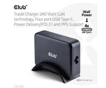 Club3D cestovní nabíječka 240W GaN technologie, 4xUSB-C, PPS + PD 3.1 Support