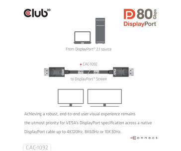 Club3D Kabel DisplayPort 2.1 na DisplayPort 2.1, DP80, 4K120Hz/10K60Hz (M/M), 1.6m, černá