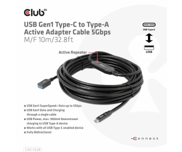 BAZAR - Club3D Kabel USB-C na USB-A, Aktivní adaptér/kabel, 5 Gbps (M/F), 10m - Rozbaleno (Komplet)