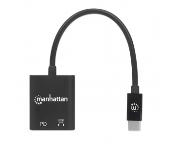 MANHATTAN USB 2.1 Sound Adapter, USB Type-C to C/F (audio) & C/F (PD) black, Retail Box