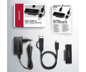 AXAGON ADSA-FPX, USB-C 10Gbps - SATA 6G, 2.5"/3.5" SSD/HDD FAST PORT X adaptér, vč. AC napáječe