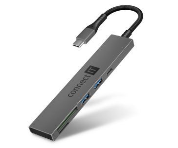 CONNECT IT USB-C hub, 2x USB-A, 1x USB-C, 1x SD karta, 1x MicroSD karta, šedá