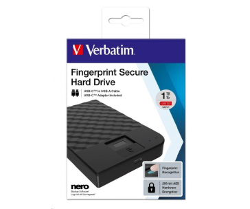 VERBATIM HDD 2TB Fingerprint Secure Portable Hard Drive, Black GDPR