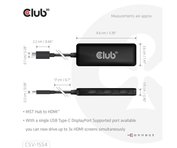 Club3D hub MST USB-C na 3xHDMI, Single: 8K30Hz, Triple: 4K60Hz