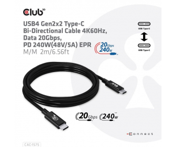 Club3D kabel USB4 Gen2x2 Typ-C, Oboustranný USB-IF Certifikovaný data kabel, Data 20Gbps, PD 240W(48V/5A) EPR M/M 2m