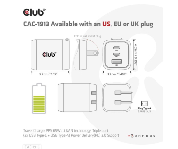 Club3D cestovní nabíječka 65W GAN technologie, 3 porty (2xUSB-C + USB-A), PPS, Power Delivery(PD) 3.0 Support