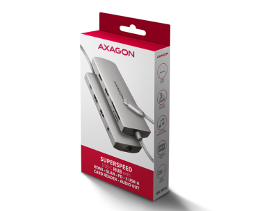 AXAGON HMC-8HLSA, USB 5Gbps hub, 3x USB-A, HDMI 4k/60Hz, RJ-45 GLAN, SD/microSD, audio, PD 100W, kabel USB-C 20cm