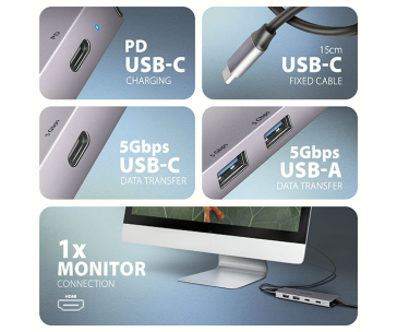 AXAGON HMC-5H60, USB 5Gbps hub, porty 2x USB-A, 1x USB-C, HDMI 4k/60, PD 100W, kabel USB-C 15cm