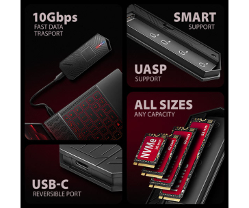 AXAGON EEM2-GAM, USB-C 10Gbps - NVMe & SATA SSD GAME M.2 box, bezšroubkový