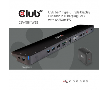 Club3D dokovací stanice USB-C 3.2 s napájecím adaptérem Triple Dynamic Display PD, 100 W