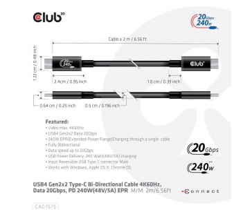 Club3D kabel USB4 Gen2x2 Typ-C, Oboustranný USB-IF Certifikovaný data kabel, Data 20Gbps, PD 240W(48V/5A) EPR M/M 2m