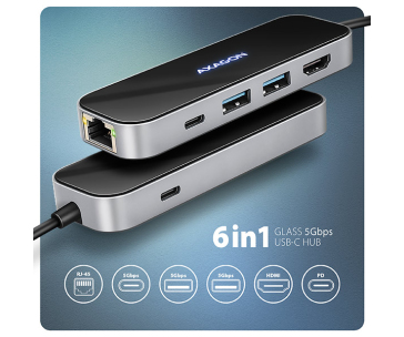 AXAGON HMC-6GLN, USB 5Gbps hub, 2x USB-A, USB-C, HDMI 4k/60Hz, RJ-45 GLAN, PD 100W, kabel USB-C 20cm