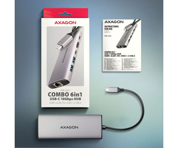 AXAGON HMC-6G2L, USB 10Gb/s hub, 2x USB-A, 1x USB-C, HDMI 4k/60, RJ-45, PD 100W, kabel USB-C 15cm