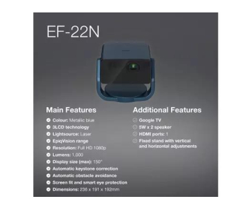 EPSON projektor EF-22N, Full HD, laser, 5.000.000:1, USB 2.0, USB 3.0, HDMI, Miracast, 3,5mm Jack, LAN, VGA, 5W repro