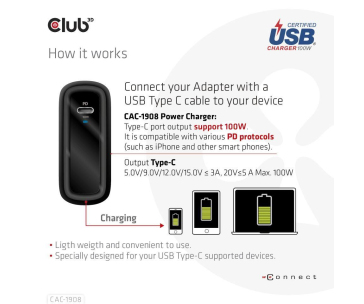 Club3D cestovní nabíječka 100W GAN technologie, USB-IF TID certified, USB Type-C, Power Delivery(PD) 3.0 Support