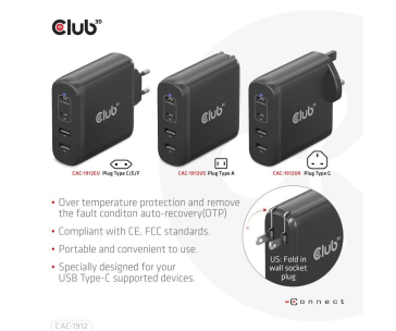 Club3D cestovní nabíječka 100W GAN technologie, 2xUSB-A a 2xUSB-C, PD 3.0 Support