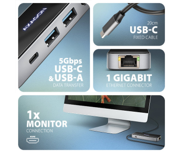 AXAGON HMC-6GLN, USB 5Gbps hub, 2x USB-A, USB-C, HDMI 4k/60Hz, RJ-45 GLAN, PD 100W, kabel USB-C 20cm