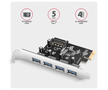 AXAGON PCEU-430RS, PCIe řadič, 4x USB 5Gbps port, SATA napájení, Renesas PD720201, SP