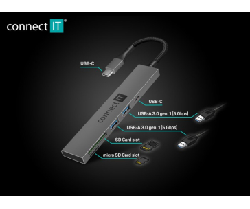 CONNECT IT USB-C hub, 2x USB-A, 1x USB-C, 1x SD karta, 1x MicroSD karta, šedá