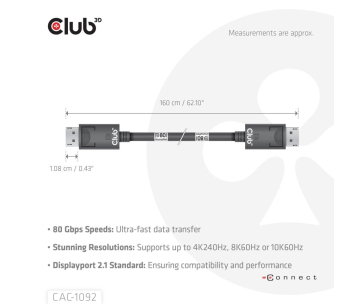 Club3D Kabel DisplayPort 2.1 na DisplayPort 2.1, DP80, 4K120Hz/10K60Hz (M/M), 1.6m, černá