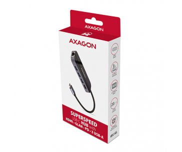 AXAGON HMC-6GL, USB 3.2 Gen 1 hub, porty 3x USB-A, HDMI 4k/30Hz, RJ-45 GLAN, PD 100W, kabel USB-C 20cm