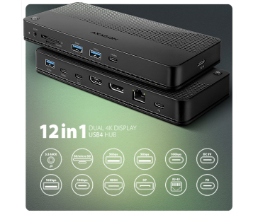 AXAGON HMC-U4, USB4 40Gbps dock, 3x USB-A, 2x USB-C, HDMI & DP 8K/30Hz, RJ-45, SD/mSD, audio, PD 100W, kabel USB-C 80cm