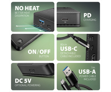 AXAGON HMC-U4, USB4 40Gbps dock, 3x USB-A, 2x USB-C, HDMI & DP 8K/30Hz, RJ-45, SD/mSD, audio, PD 100W, kabel USB-C 80cm